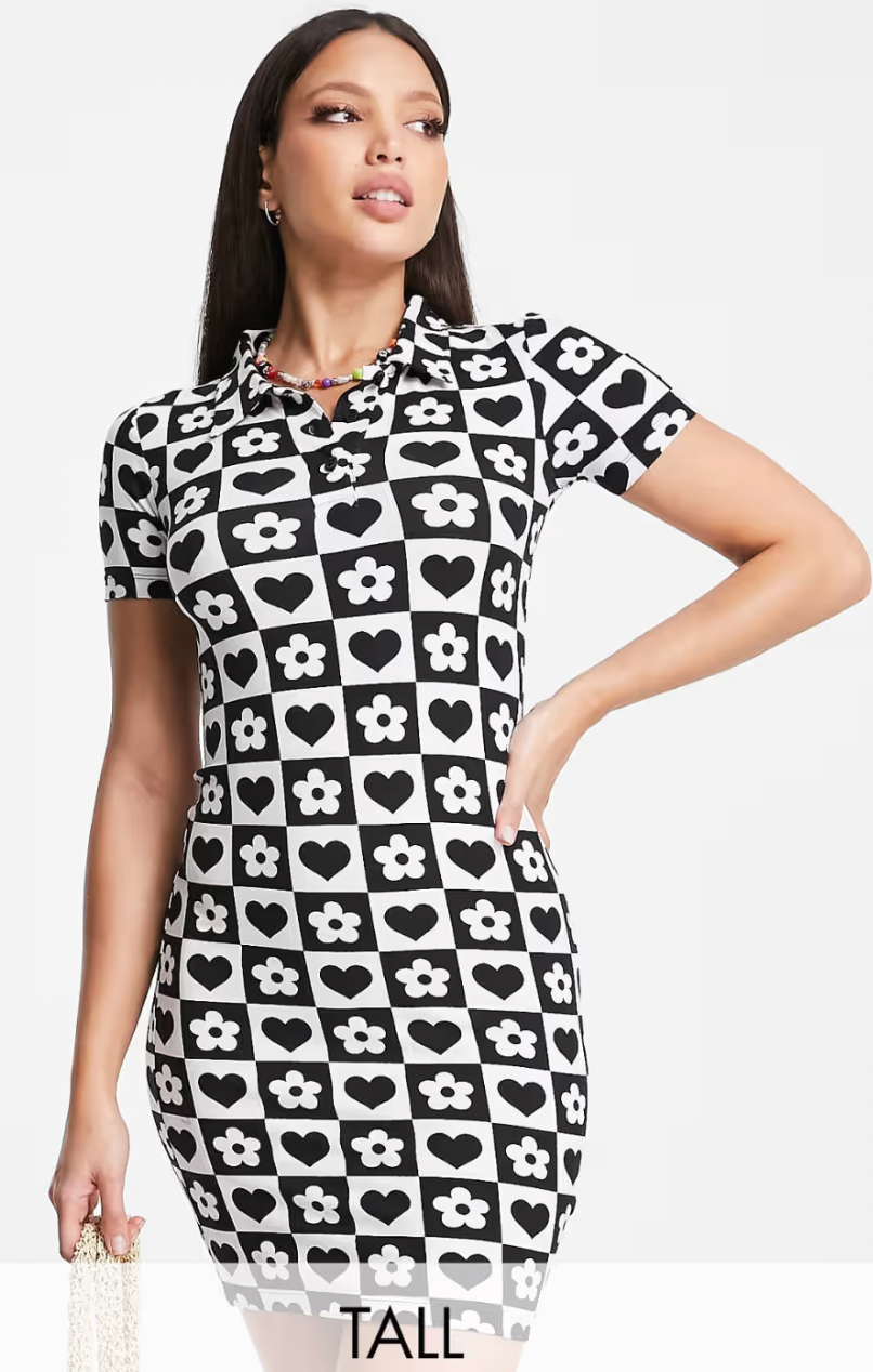 Urban Threads Tall bodycon polo dress in checkerboard heart print