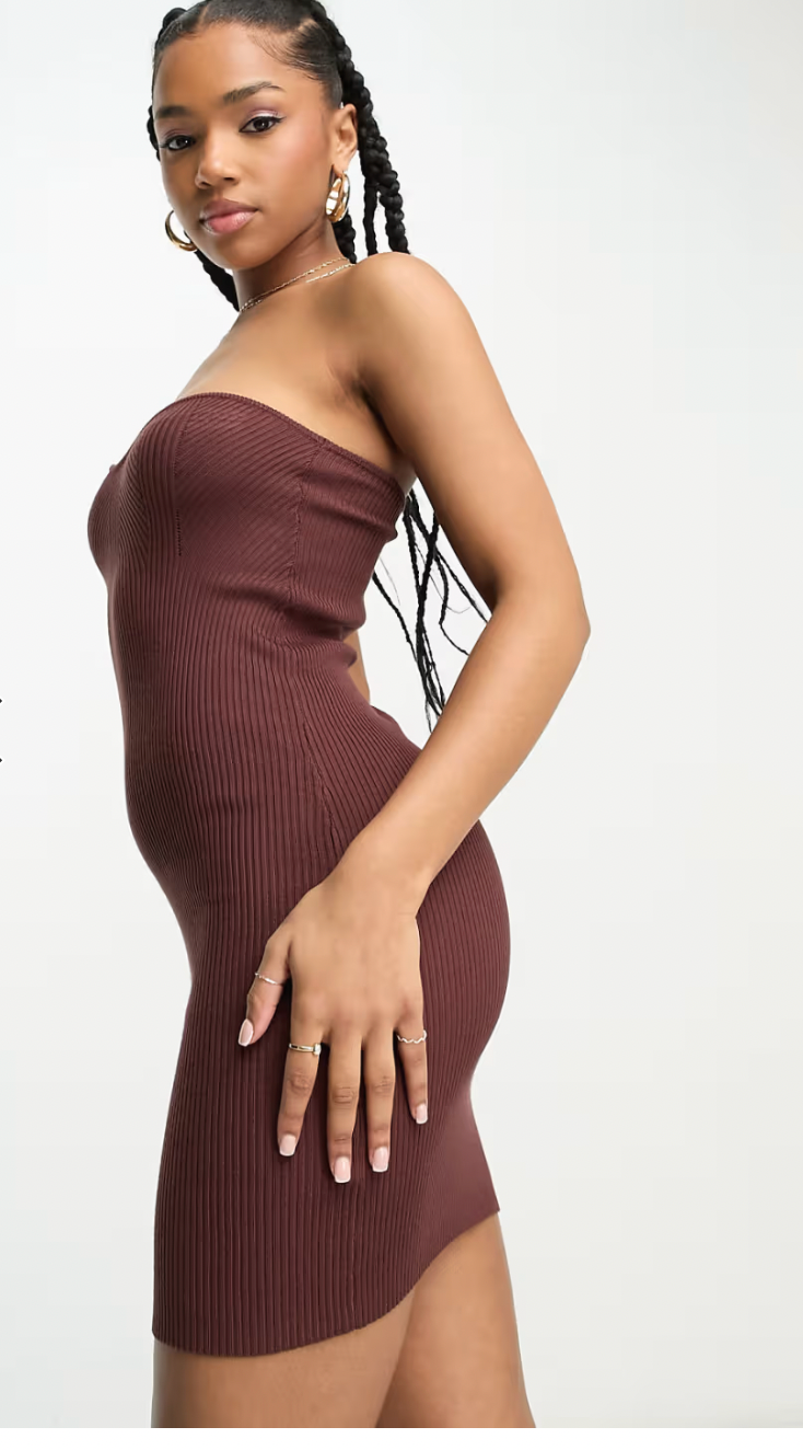 knit rib bandeau mini dress in chocolate