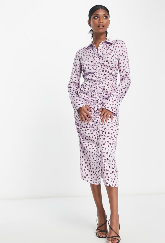 gathered waist midi satin shirt dress in lilac floral