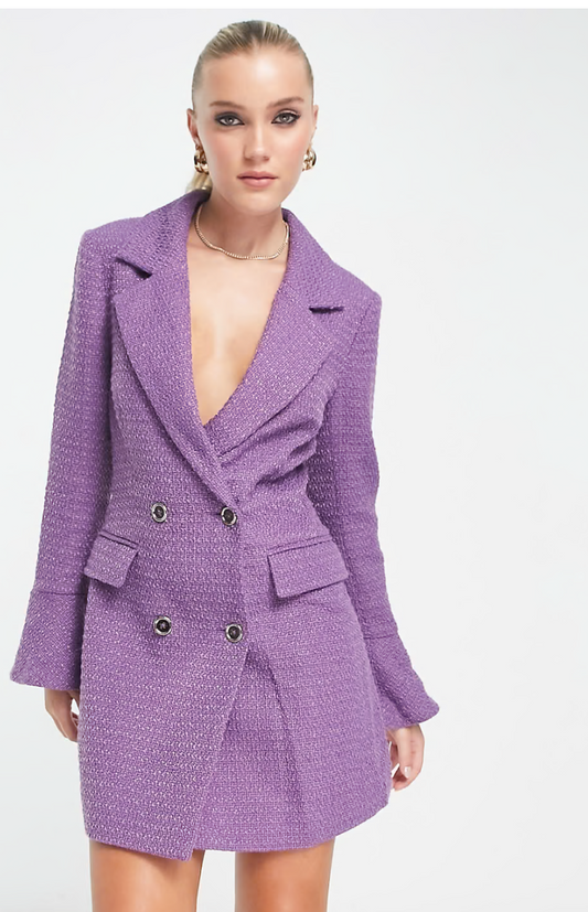 boucle blazer dress with fluted sleeve in purple