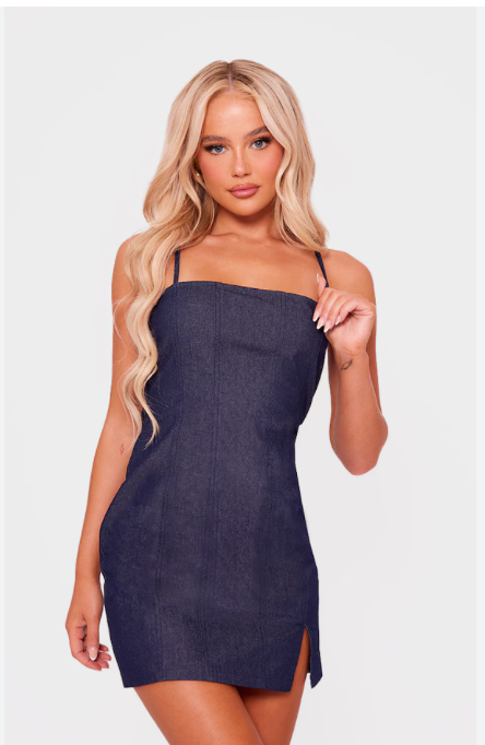 Blue Twill Binded Strappy Bodycon Dress