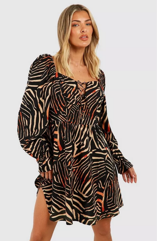 ANIMAL PRINT SQUARE NECK SMOCK DRESS