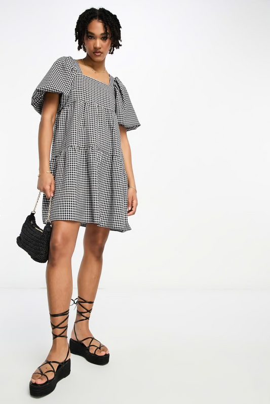 Lola May Tall square neck tiered mini smock dress in gingham