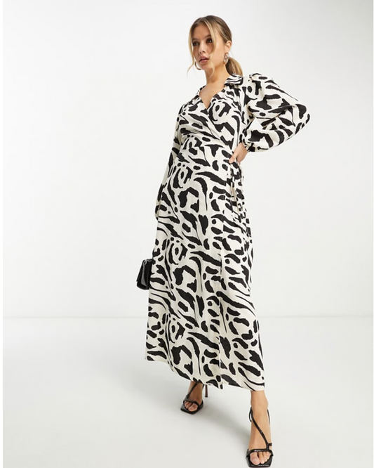 collared wrap midi dress in mono abstract print-Multi