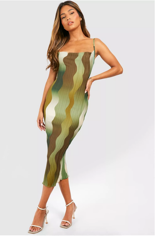 PRINTED PLISSE COWL NECK MIDI DRESS