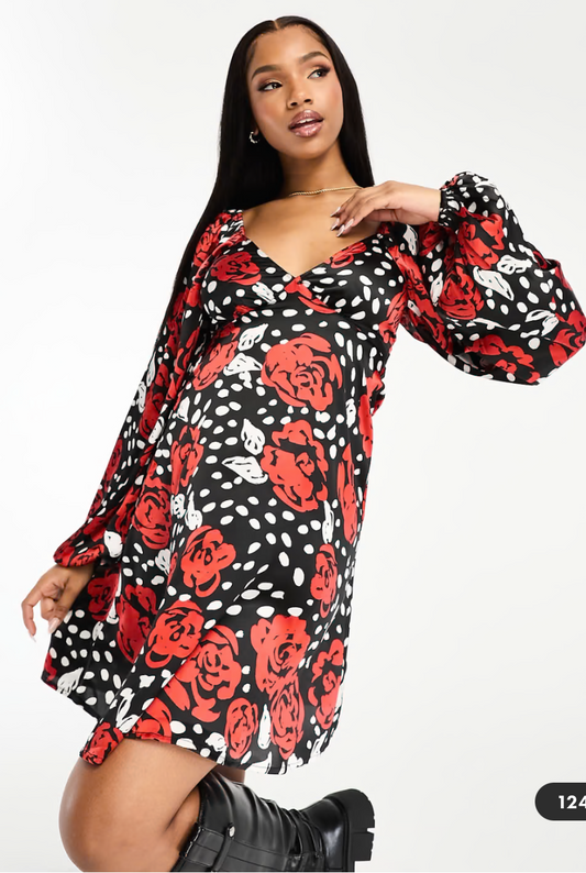 Wednesday's Girl rose bloom floral puff sleeve mini dress in black