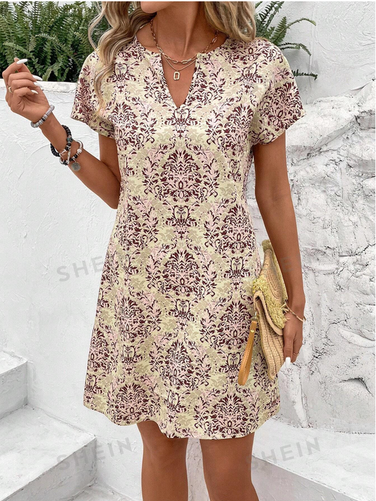 Summer Allover Print Notched Neck Batwing Sleeve Tunic Dress