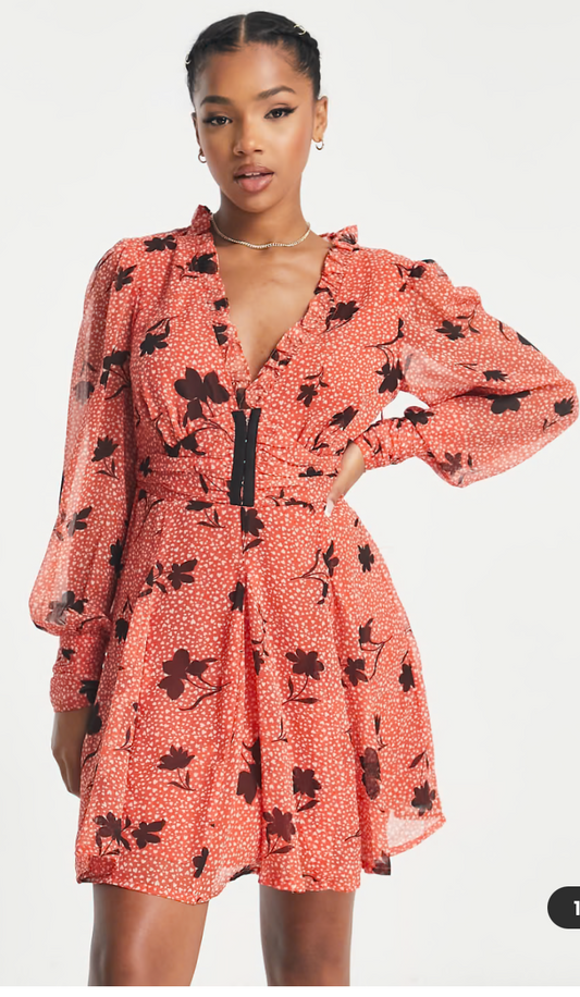 gathered waist long sleeve mini dress with frill neck and flare skirt in floral print