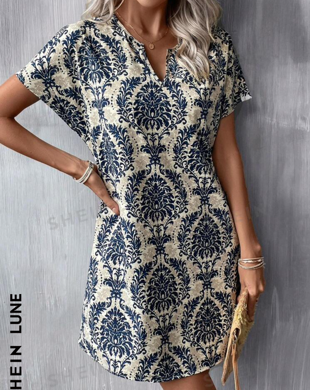 Summer Allover Print Notched Neck Batwing Sleeve Tunic Dress