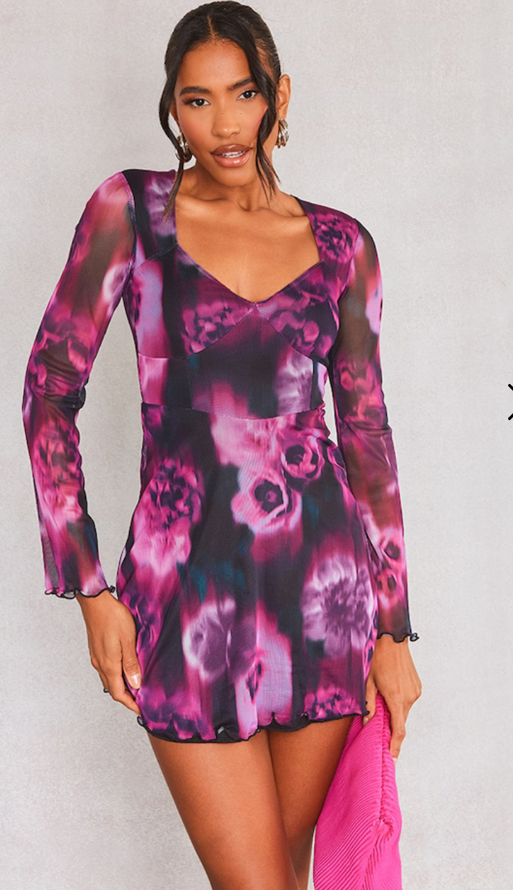 Purple Floral Print Mesh Underbust Detail Shift Dress