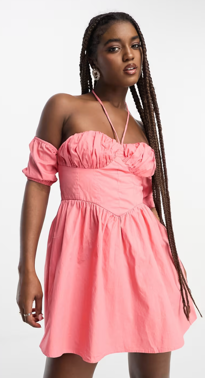 The Frolic off shoulder bust detail mini corset dress in coral