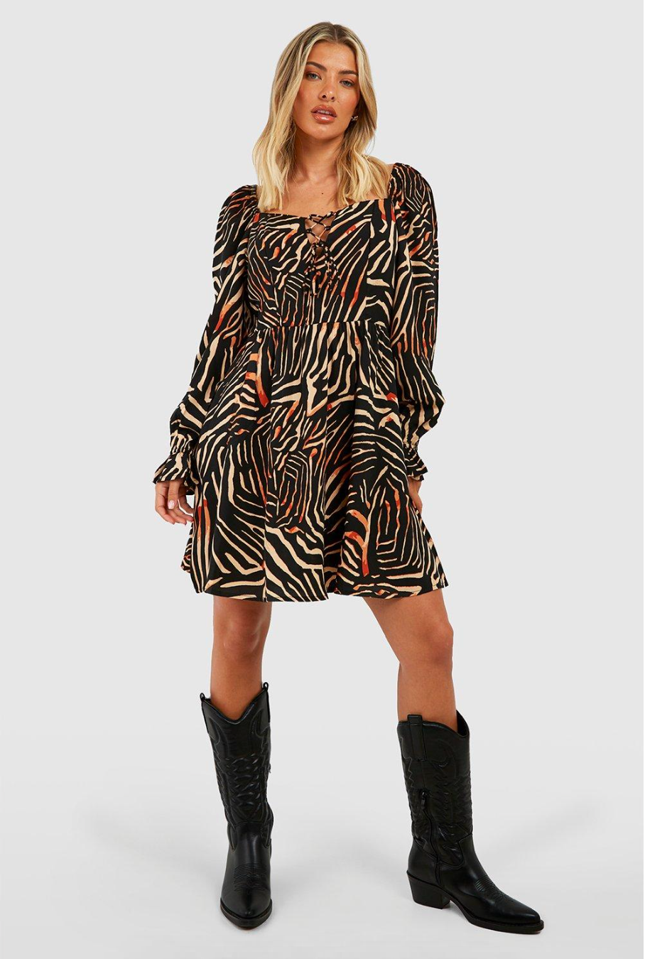 ANIMAL PRINT SQUARE NECK SMOCK DRESS