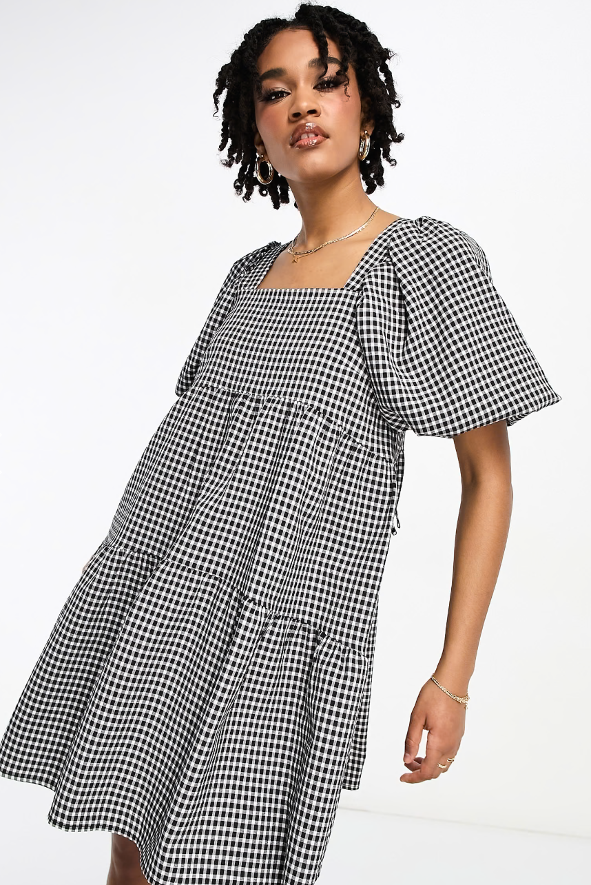 Lola May Tall square neck tiered mini smock dress in gingham