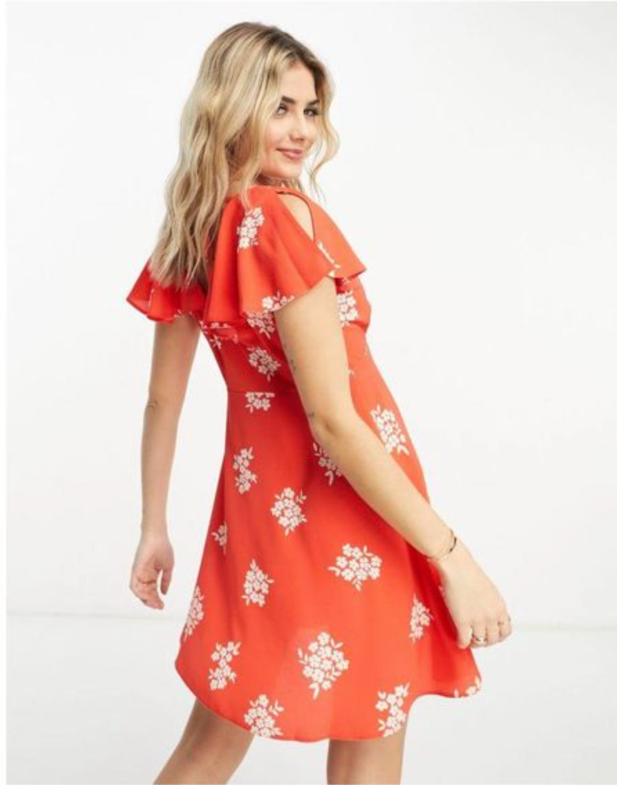 Red Flutter Sleeve Mini Tea Dress With Buttons