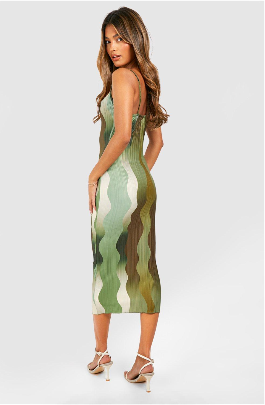 PRINTED PLISSE COWL NECK MIDI DRESS