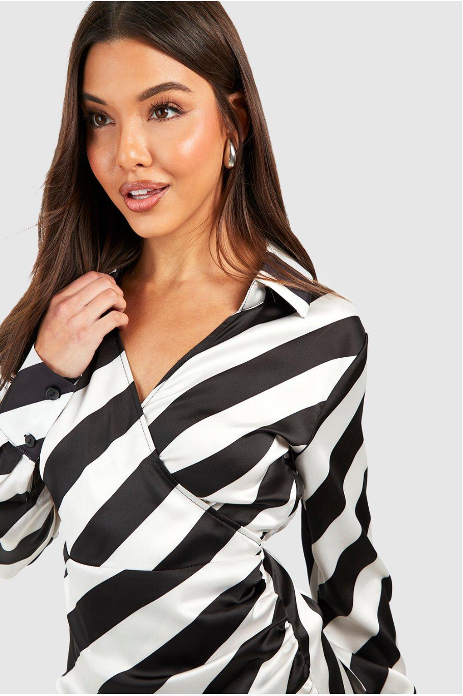 STRIPE SATIN WRAP SHIRT DRESS