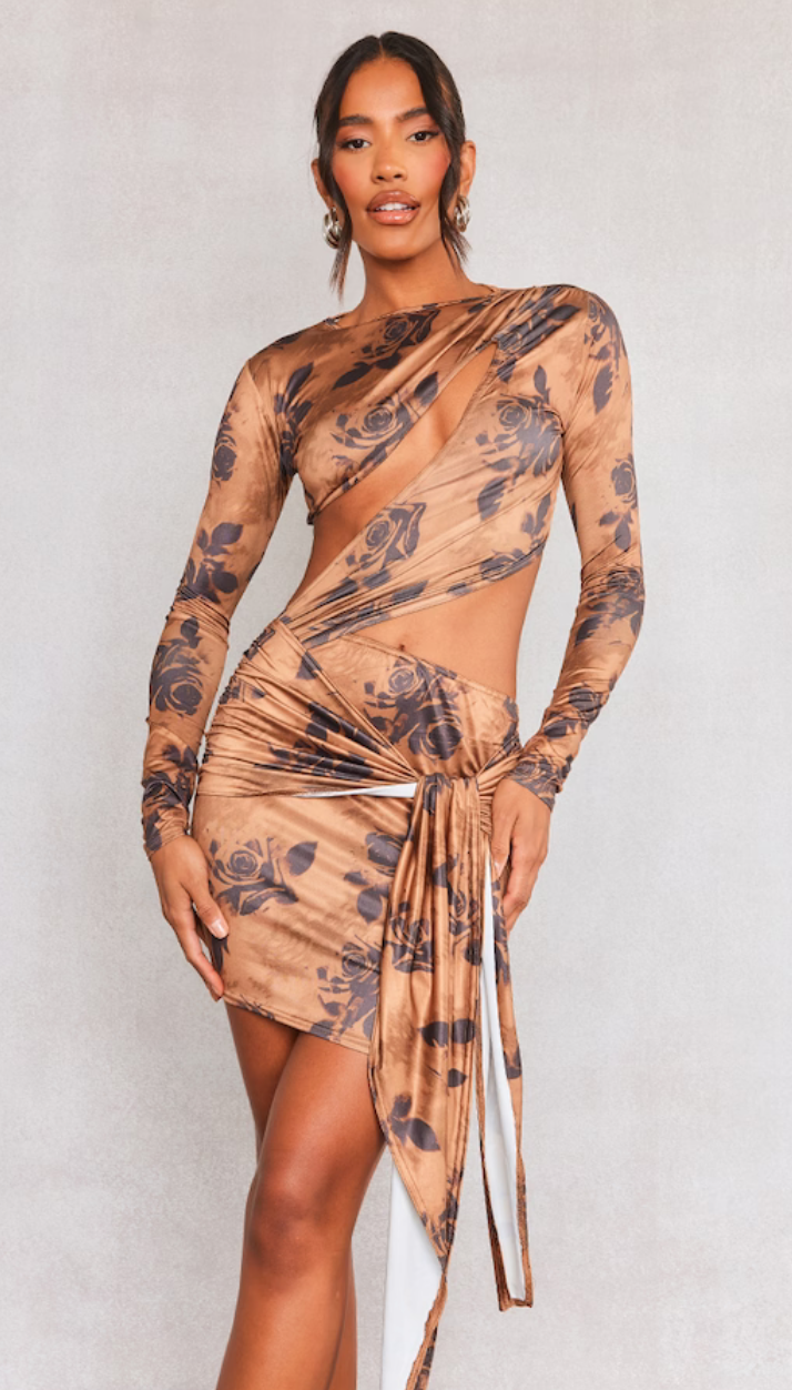 Light Brown Blurred Rose Print Cut Out Bust Panel Long Sleeve Drape Bodycon Dress