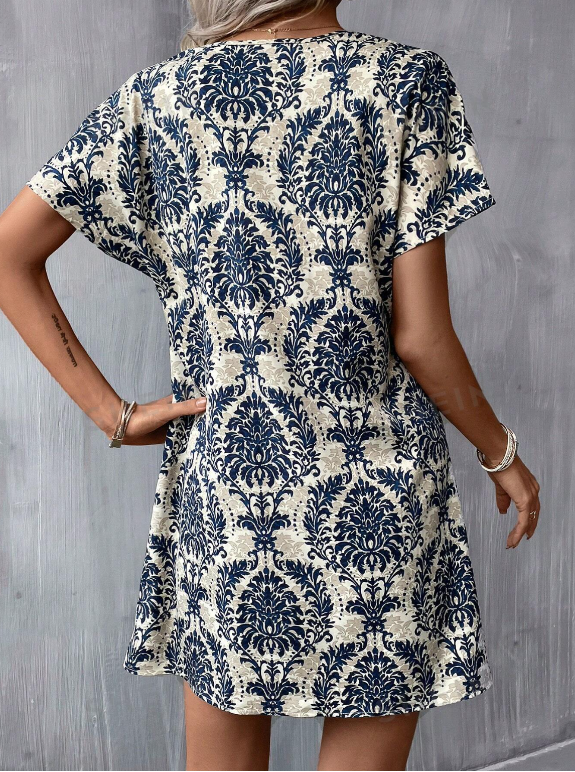 Summer Allover Print Notched Neck Batwing Sleeve Tunic Dress