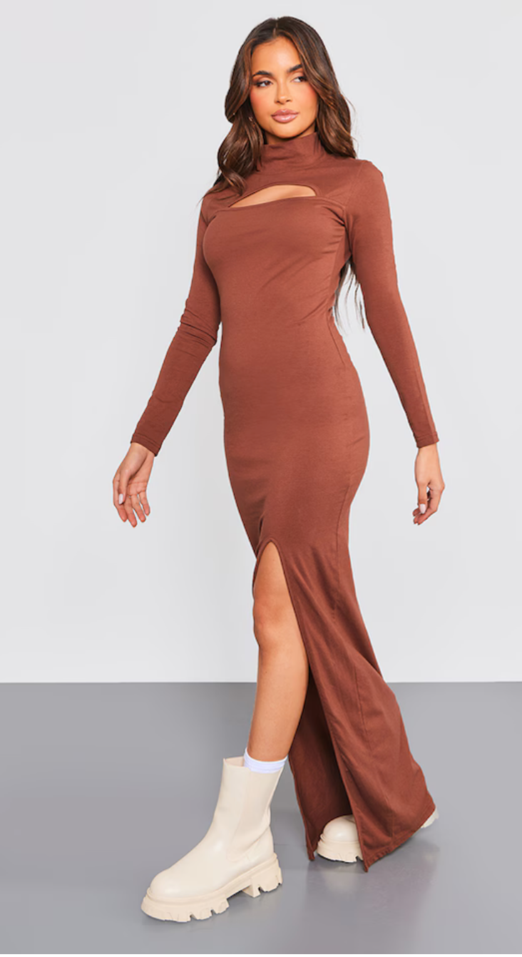 Chocolate Cotton High Neck Split Maxi Dress