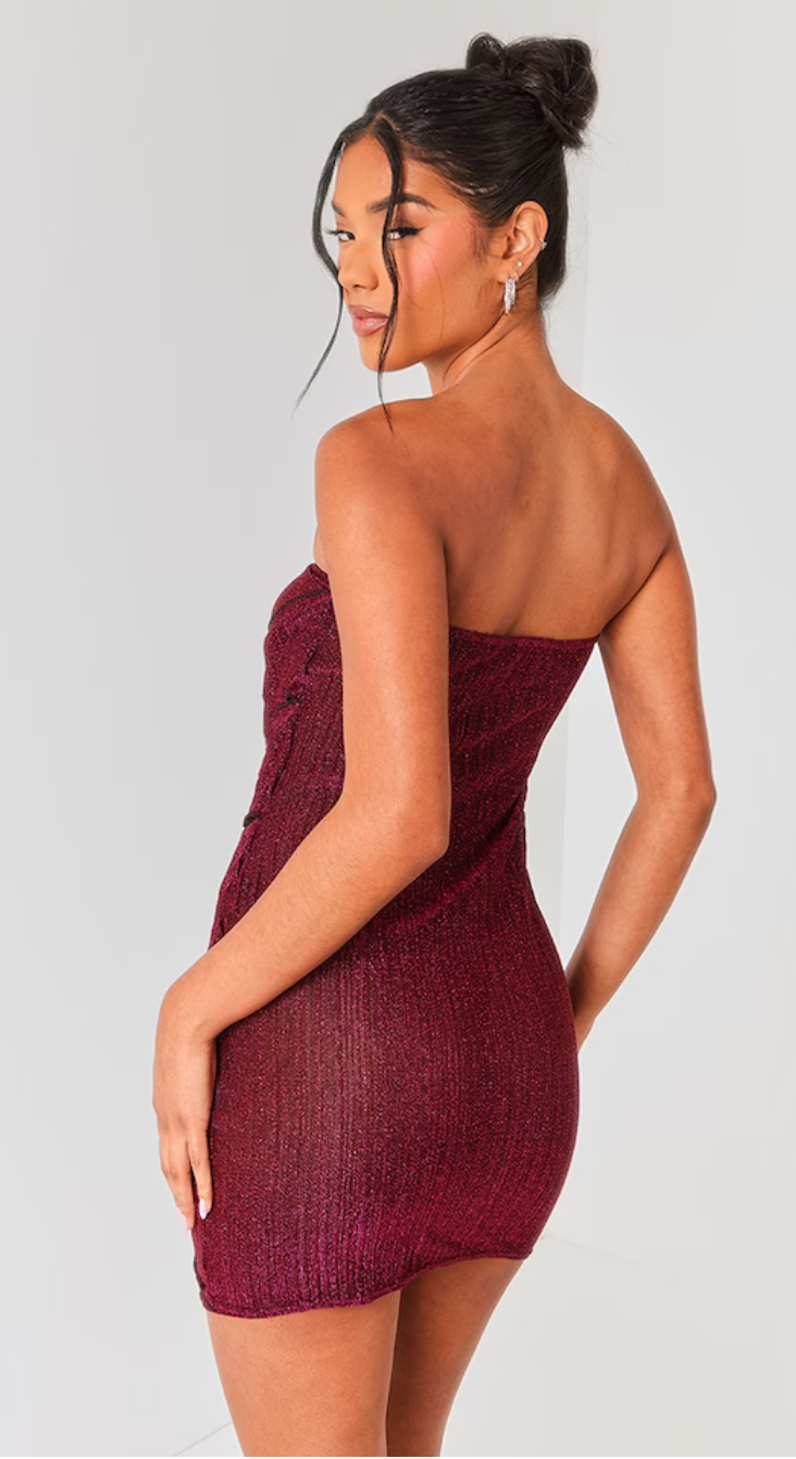 Hot Pink Glitter Plisse Knot Detail Bandeau Bodycon Dress