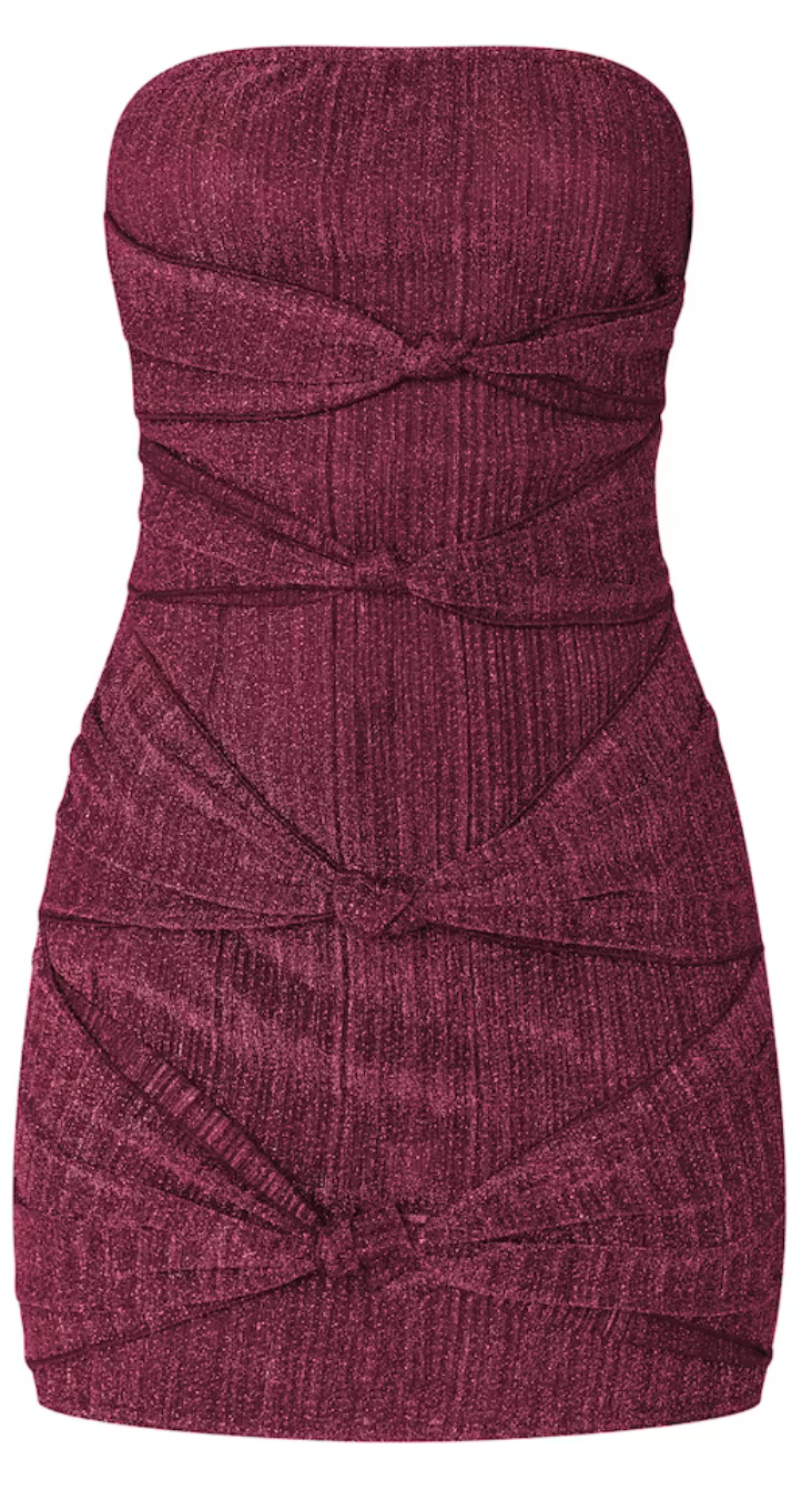 Hot Pink Glitter Plisse Knot Detail Bandeau Bodycon Dress