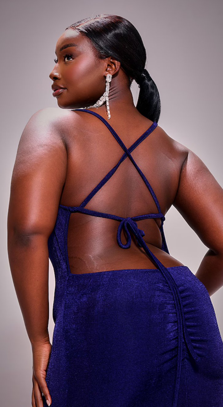 Plus Navy Acetate Low Back Ruched Bum Maxi Dress