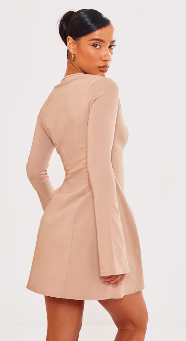 Camel Stretch Woven Square Neck Pleated Shift Dress